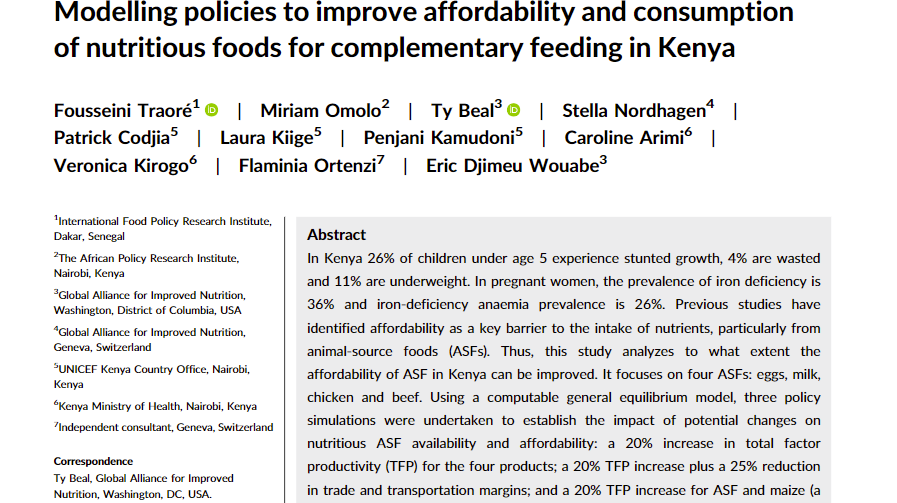 Modélisation des politiques pour améliorer l’accessibilité des prix et la consommation d’aliments nutritifs pour l’alimentation de complément au Keny